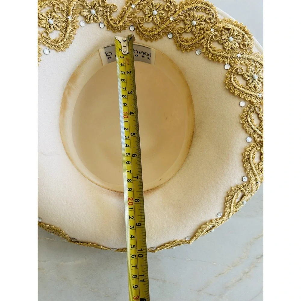 Michael New York Ivory Wide Brim Fedora Hat Gold Lace Rhinestone Size M